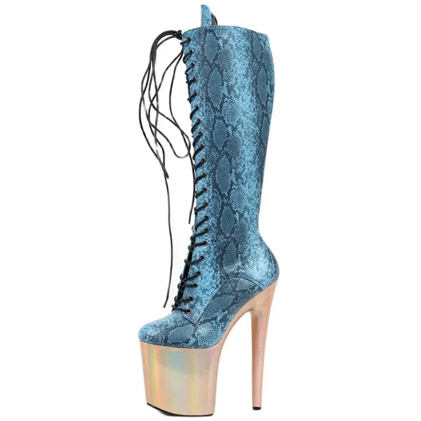 Knee-high Boots 20CM High Spike Heel Platform Serpentine Pattern Cross-tied Women