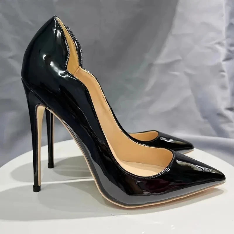 Curl Cut Women Solid Black Patent Pointy Toe High Heel Shoes