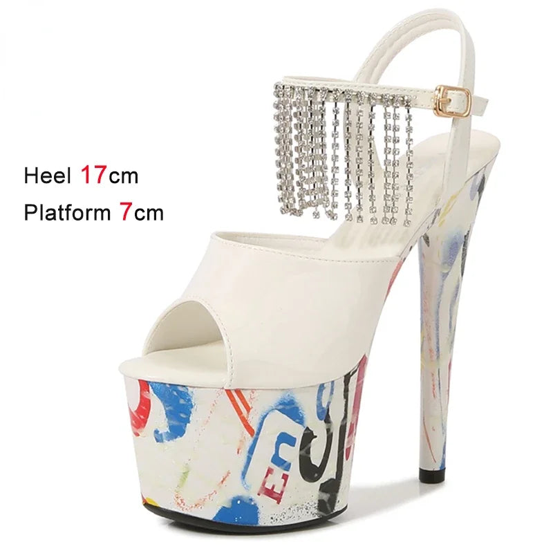 Summer Diamond Shoes Woman Luxury Sandals Platform Ladies Stripper 17cm