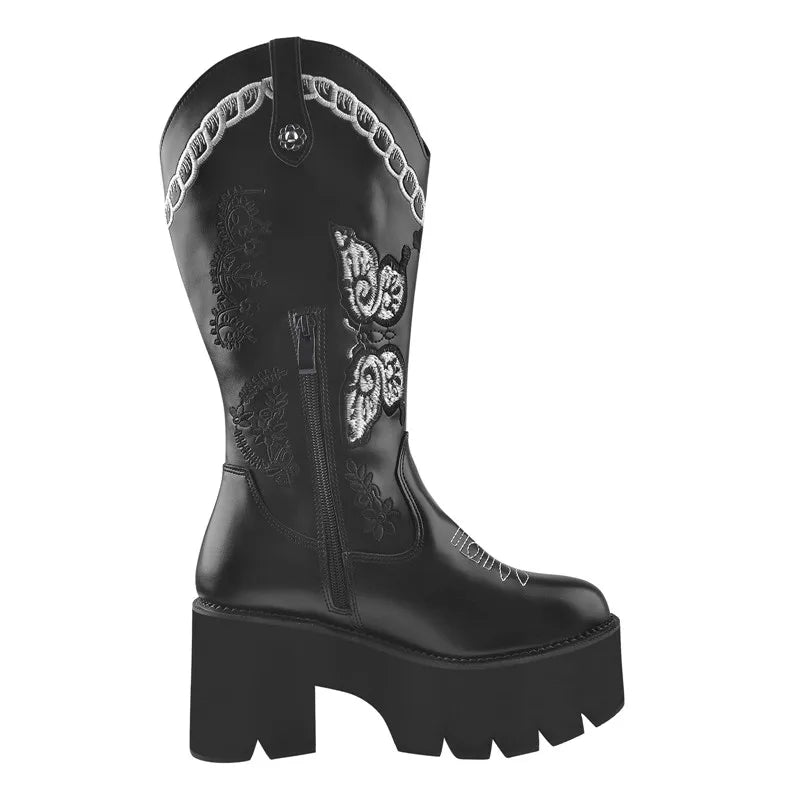 Black Platform Thick Heel Embroidery Western Mid-Calf Boots