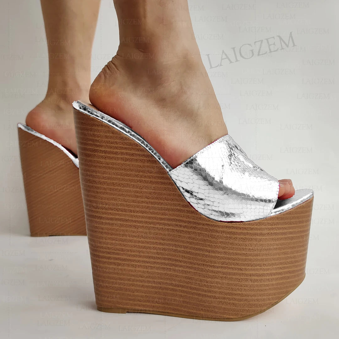 Platform Wedges Mules Open Toe 20CM High Heels Pumps Height Increase Ladies Shoes