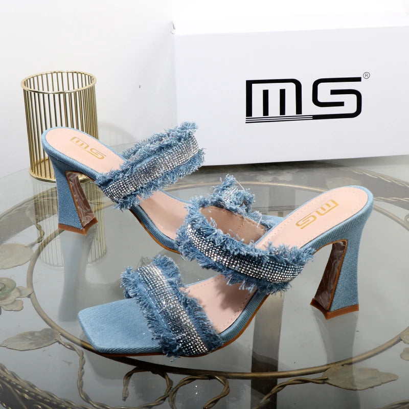 Denim women slippers  new rhinestone plush stiletto heels women