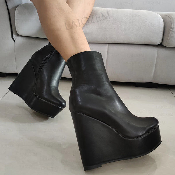 Platform Wedges Side Zip Up Faux Leather Booties Comfortable Unisex Shoes Woman