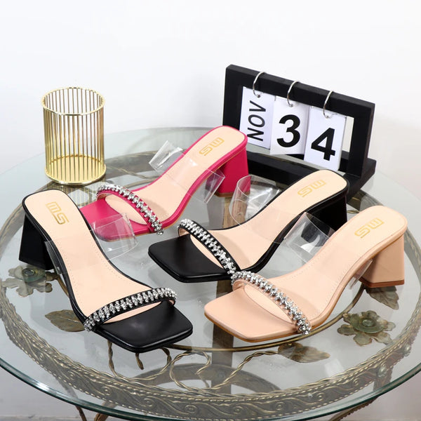 summer  open-toed rhinestone transparent belt versatile High-heeled comfortable slippers for women 7.5cm