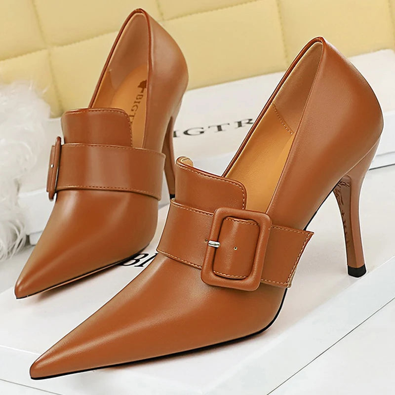 New Pointed Shoes Women Pumps Belt Buckle Decoration High Heels Pu Leather Shoes