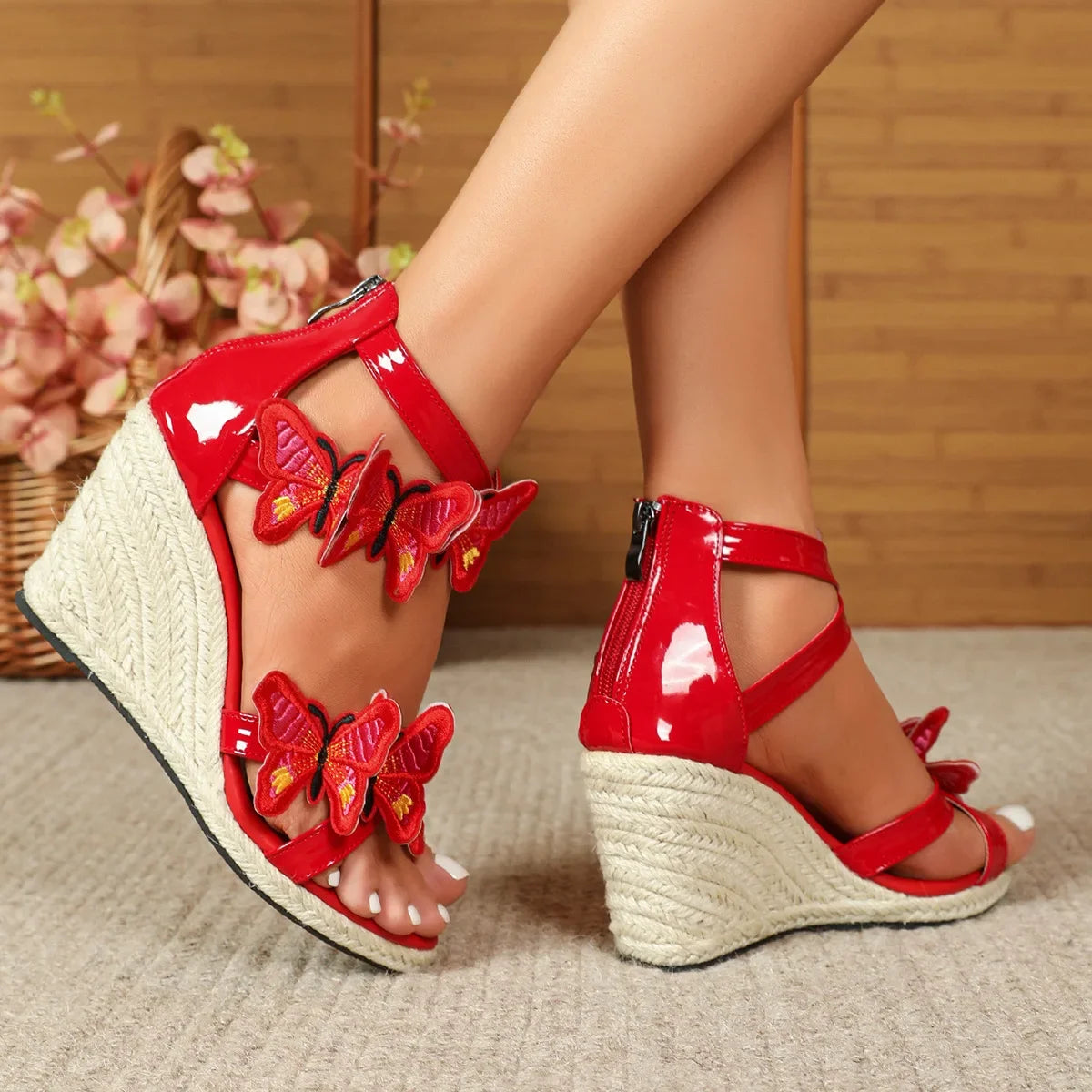 Summer 8CM Wedges Sandals For Women's Hemp Rope Platform Butterfly High Heels