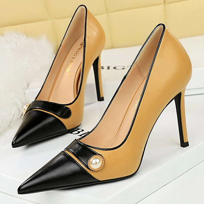 Retro Women Pumps Pearl Color Matching High Heels Pointed Shoes Stilettos Heels