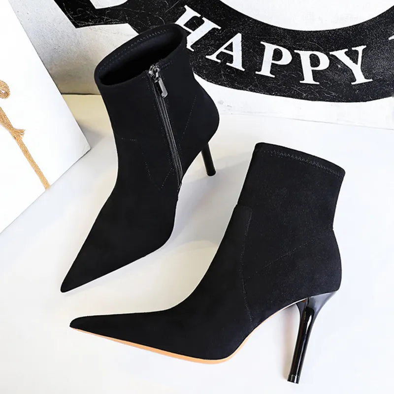 Black Women Ankle Boots Sexy High-heeled Boots Suede Side Side Zipper Autumn Winter Shoes