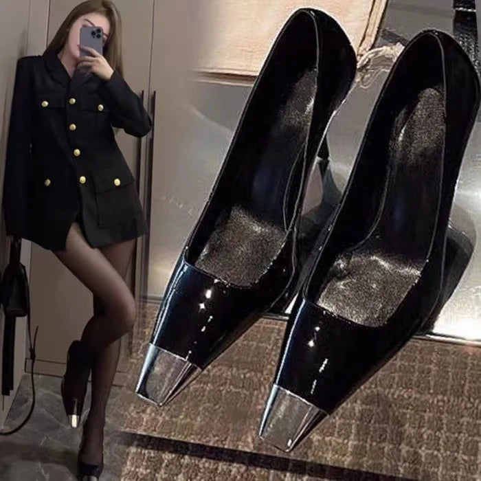 Black Genuine Leather Square Toe Women's Shoes Sexy Slim Heeled High Heels