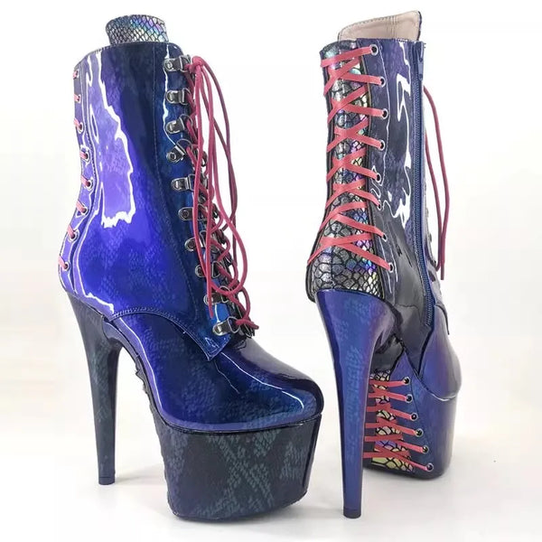 Blue PU Upper 17CM/7Inches Women's Platform Party High Heels Modern Boots