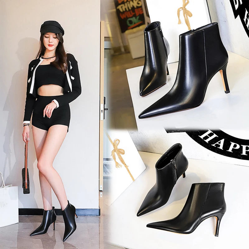 Fashion New Women Ankle Boots Quality Leather Boots Pointed Stilettos High Heel Boots