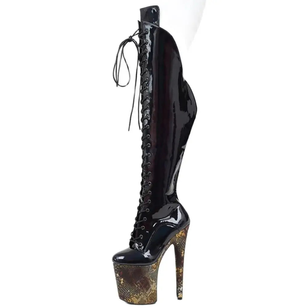 Women Knee-high Boots Side Zipper Cross Tied Stiletto Heel Dance Shoes