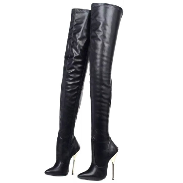 14CM Super High Heel Pointed toe Zip Black Patent Leather Sexy Over-the-Knee Crotch Long Boots