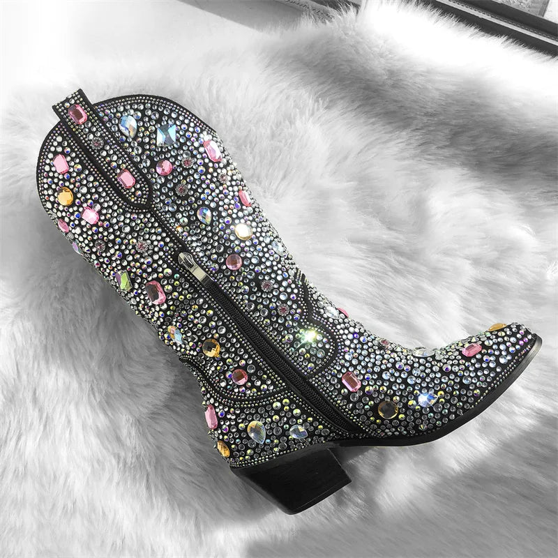 Sparkly Multi-colored Rhinestone Handmade Mid-calf Western Boots