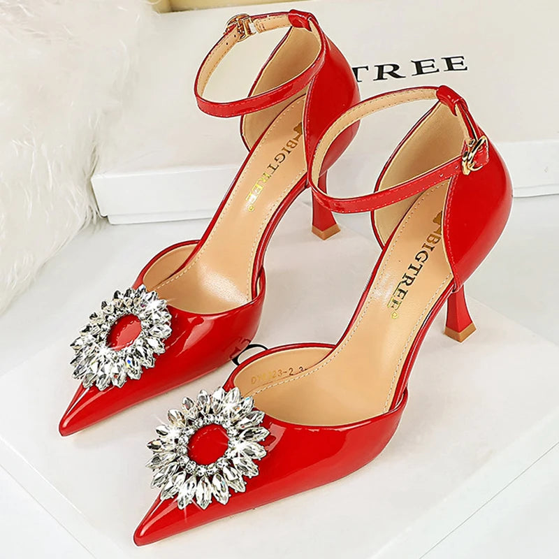 Buckle Women Pumps Rhinestone High Heels Patent Leather Lady Heels Sexy Party Shoes Women