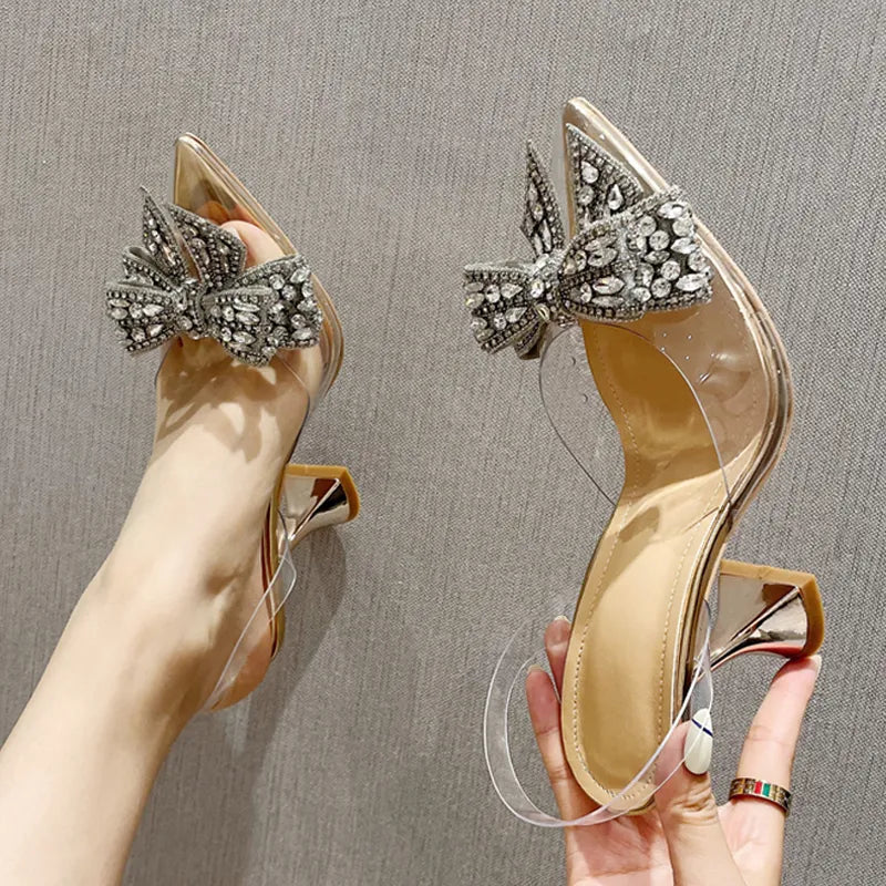 Fashion Crystal Sequined Bowknot Women Pumps Sexy Pointed Toe High Heels