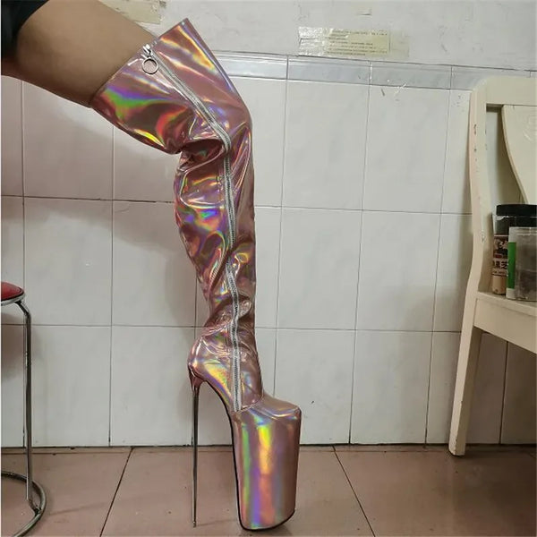 Girl's RED PINK Shoes 30cm Metal Thin Heels Stiletto Over The Knee Long Boots