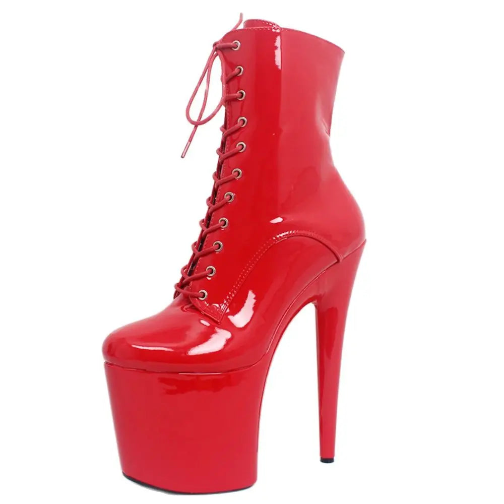 Women Ankle Boots 20CM High Heel Solid PU Leather Cross-tied  Dance Shoes