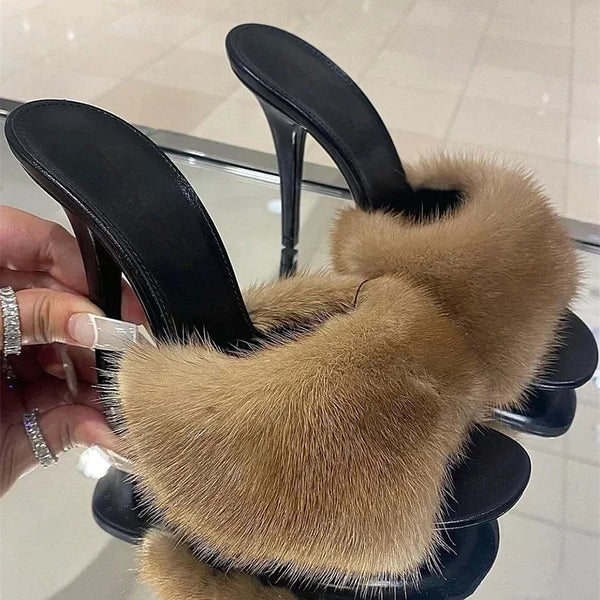 Mink fur high heels for women slim heels