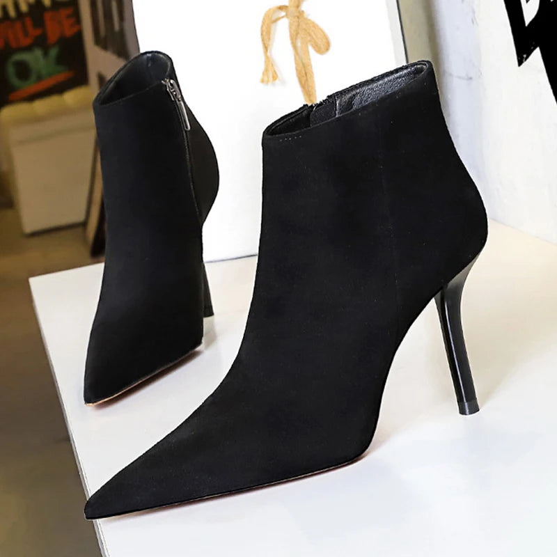 Suede Ankle Boots For Women Heels Winter Boots Pointed Stilettos High-heeled Boots