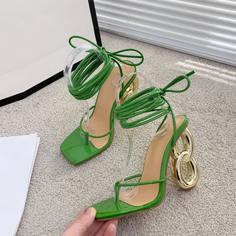 Fashion Green Cross Ankle Strap Women's Strange High Heels Sexy Sandals