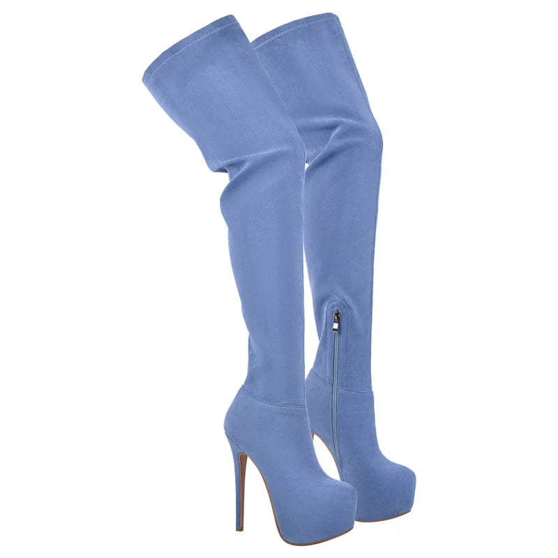 Womens Flock Platform Over The Knee Boots Thin Heel Fashion Thigh High Boots