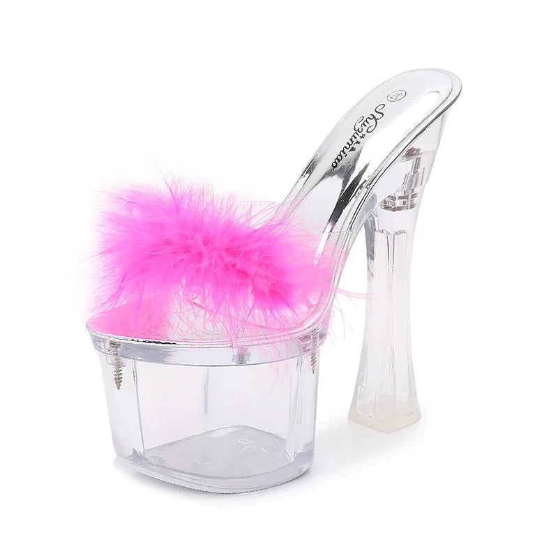 Summer Feather Shoes Woman Transparent Platform Slippers Ladies Wedding Show Sandals