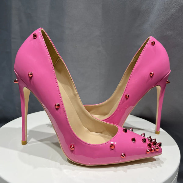 Women Patent Pink Pointy Toe High Heel Shoes with Spikes