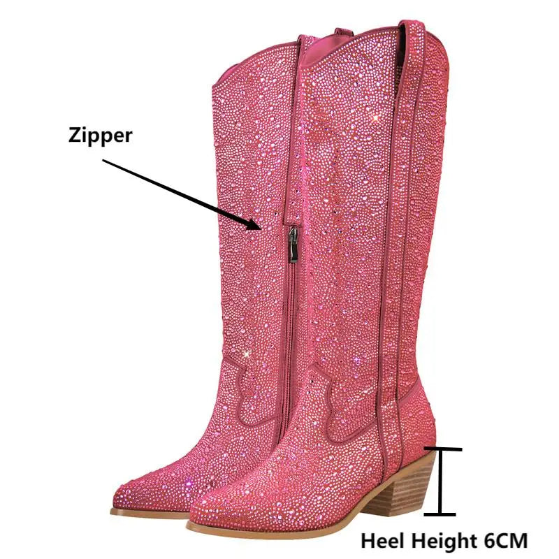 Women Rhinestone Boots Pink Knee High Boots