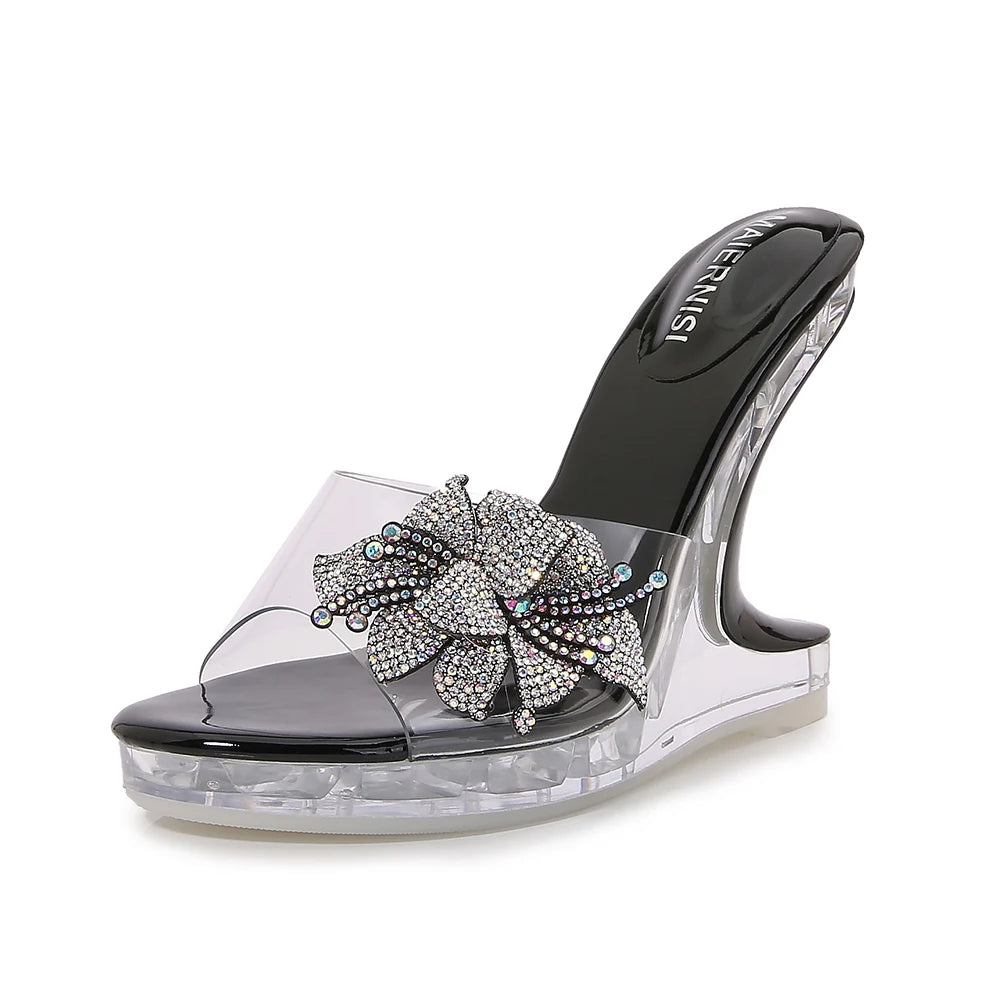 Summer Bridal Red Wedges Crystal Slippers Transparent 12cm High Heels Sandals