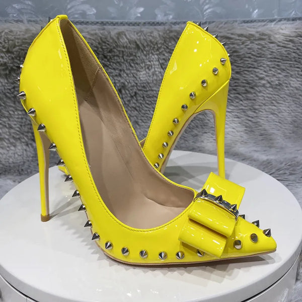 12cm Sexy Punk Spikes yellow Bow Rivets Pumps High Heels