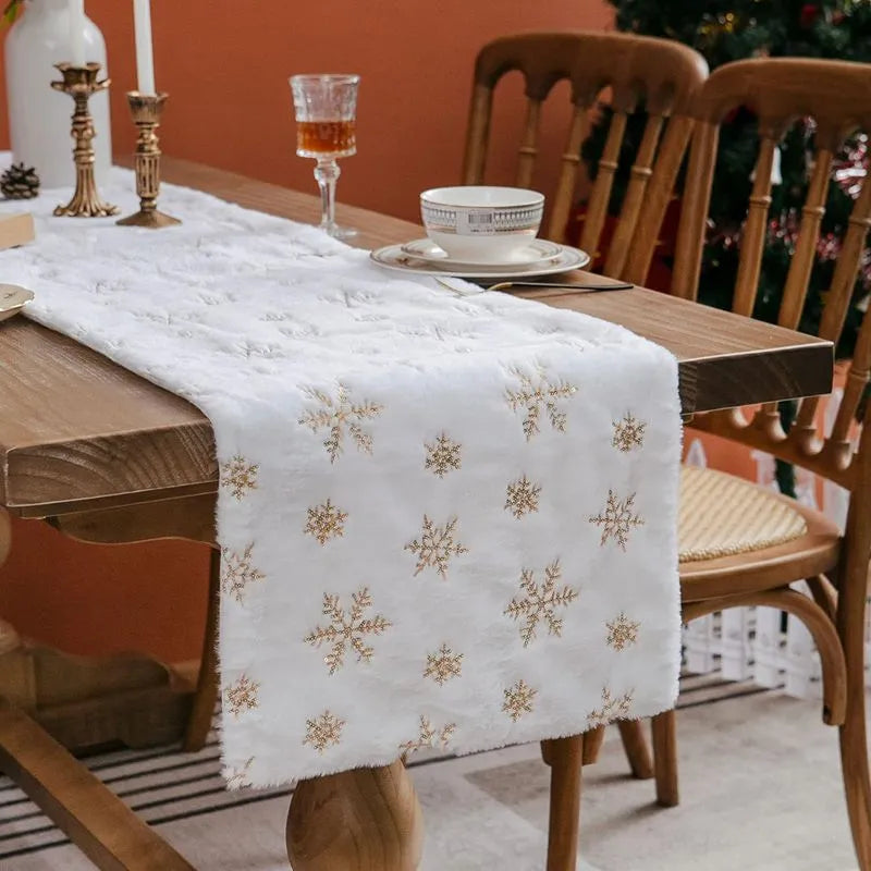 Faux Fur Christmas Table Runner with Sequin Snowflakes White Table Decoration