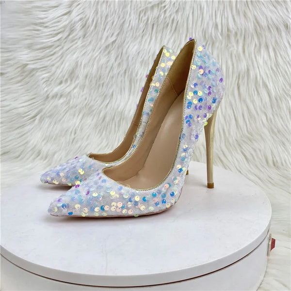 Fashionable white bling sequins sexy women extremely high heel