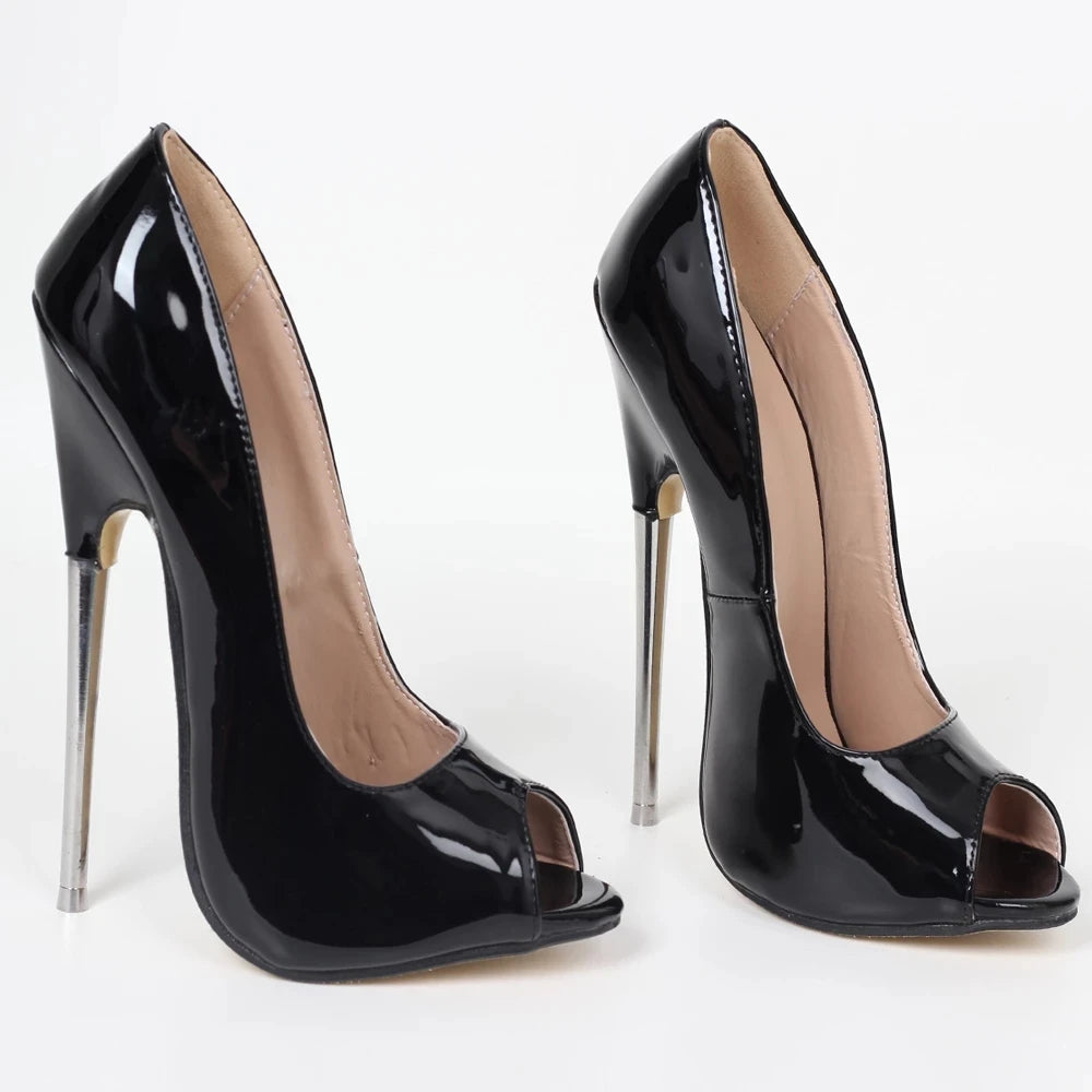 Women Solid Black PU Patent Leather Single Shoes Peep-Toe 18CM Super High Heels