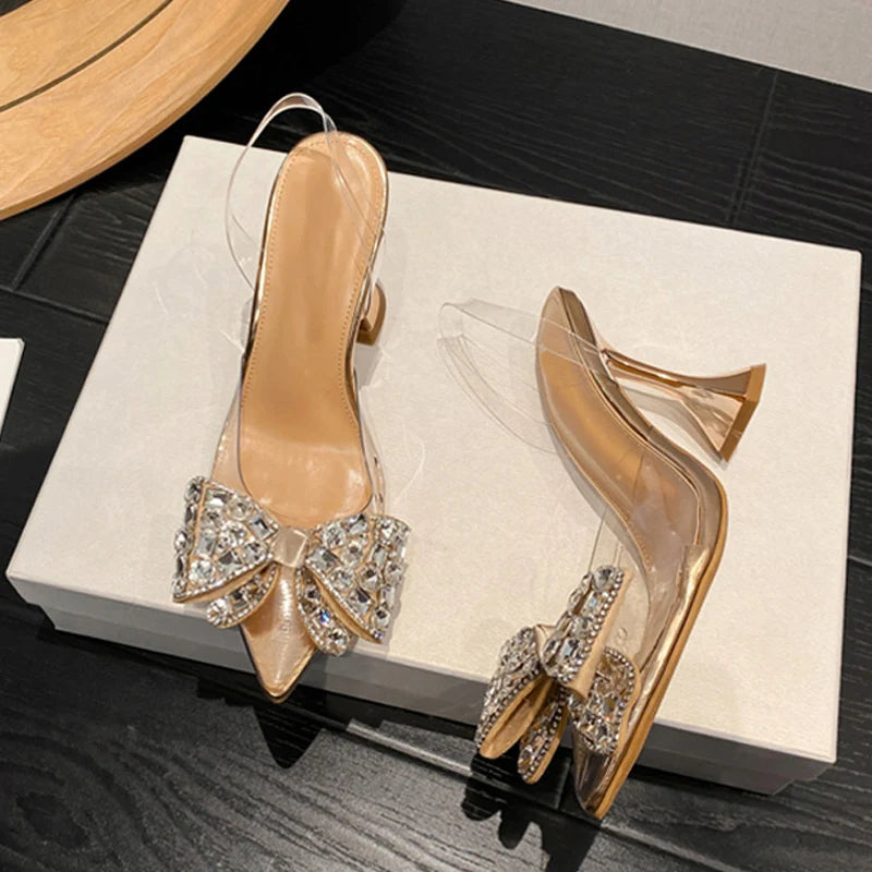 PVC Sexy Crystal Bowknot Pointed Toe  Slingback High Heels