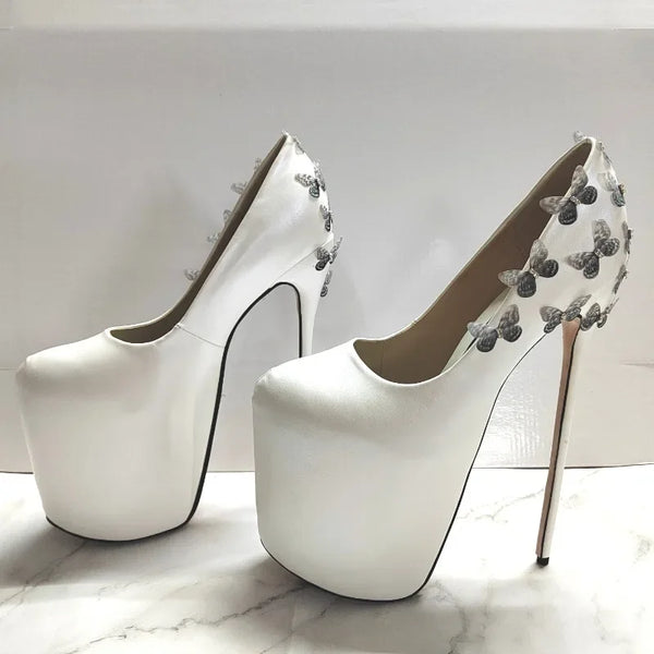 Platform Shoes For Woman Butterfly Decor Pumps Round Toe 22cm Metal Thin High Heels