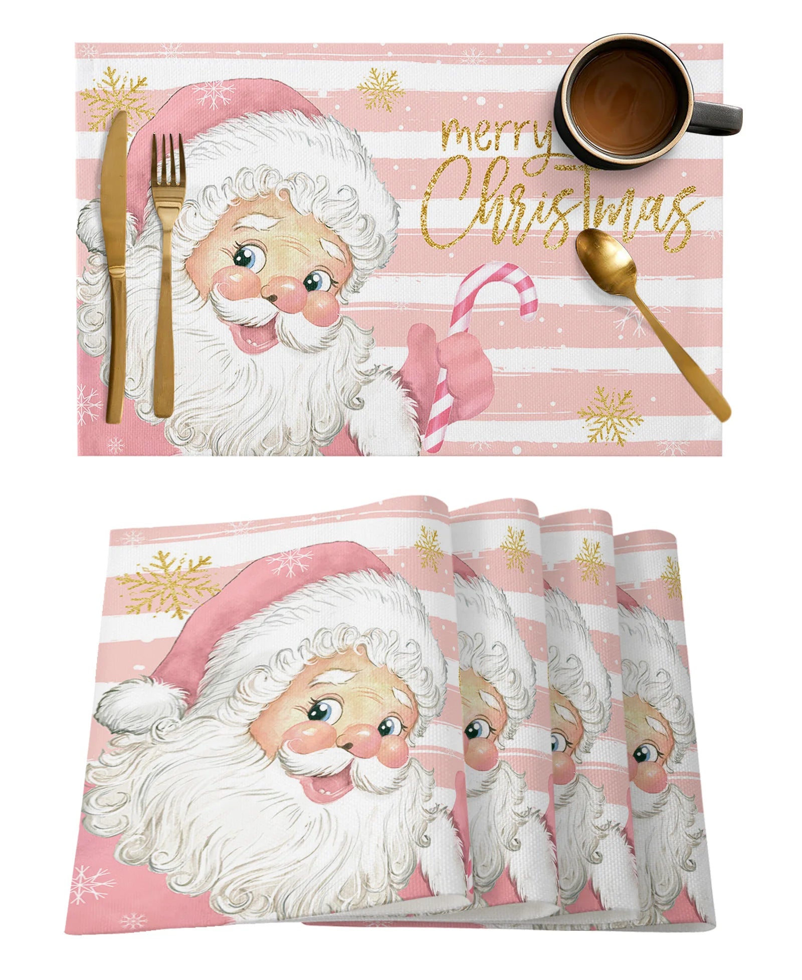 Christmas Santa Claus Snowflakes Pink Stripes Table Runner