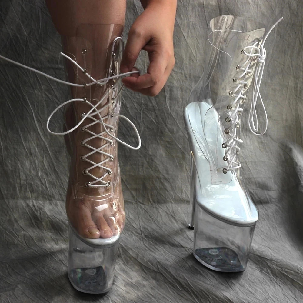 20CM High Heel Pole Dancing Boots Transparent PVC Platform Spike Heel Women