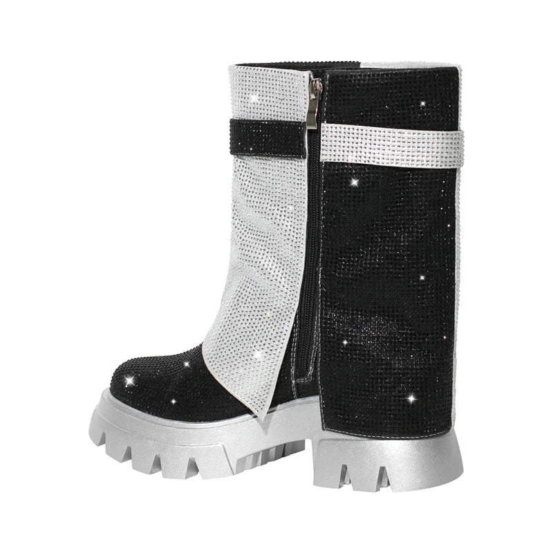 Fold Over Rhinestone Trim Boots Round Toe Handmade Female Side Zipper Mid-Calf Boots