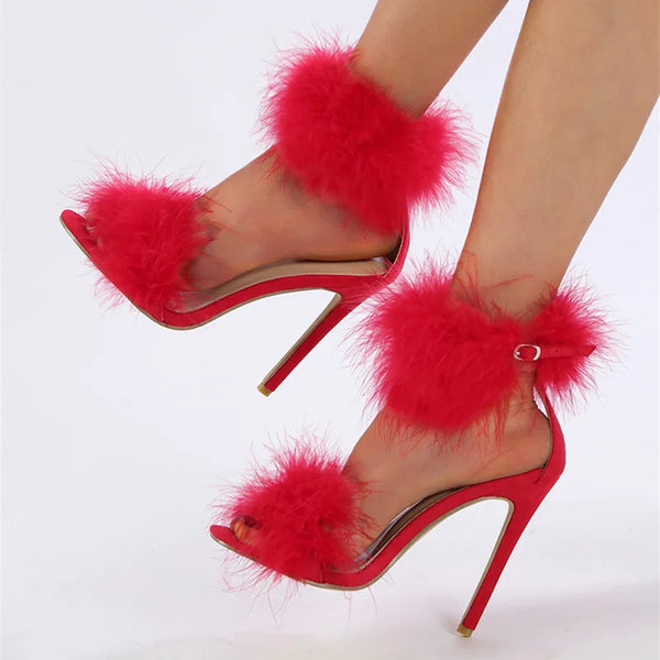 Summer Fashion Faux Fur Ankle Strap Sandals Women