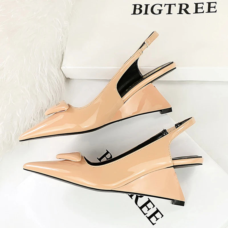 New Wedges Heels Women Patent Leather Woman Pumps Hollow Back Strap Women