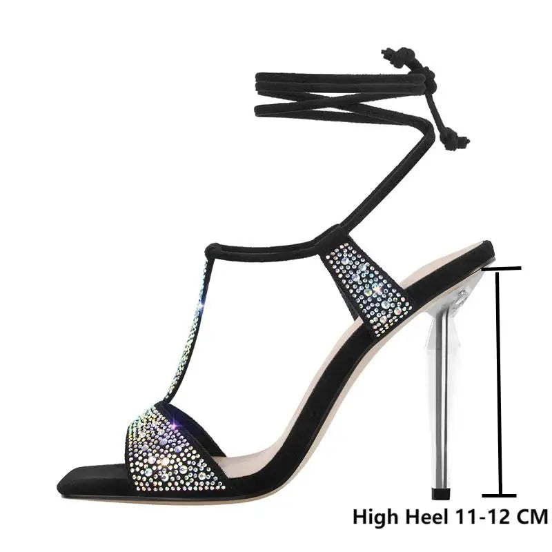 Summer Women Rhinestone Thin High Classic Fashion Party Dress Female Metal Heels Sandals