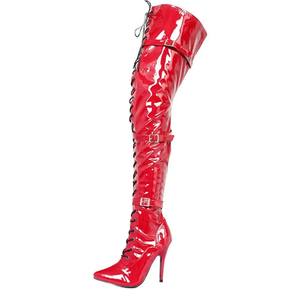 Women Sexy PU Leather 12CM Super High Heel Pointed toe Over-the-Knee Thigh Long Boots