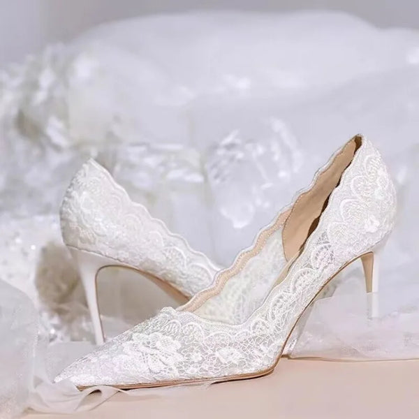 Lace Pointed Stiletto Heel Shallow French High Heels