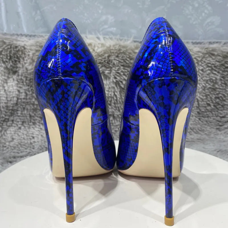 Glossy Royal Blue Snakeskin Women Pointy Toe High Heels Sexy Party Shoes