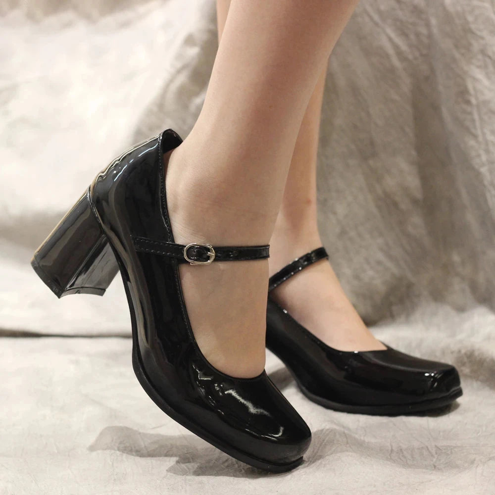 Ladies Classical Village Retro Pumps 9CM High Block Heels Shallow Square-toe Buckle Strap Womens