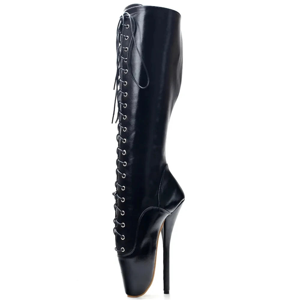 18CM High Ballet Heel Pointed-Toe Cross-tied Zip Patent Leather Women Sexy Knee-High Boots