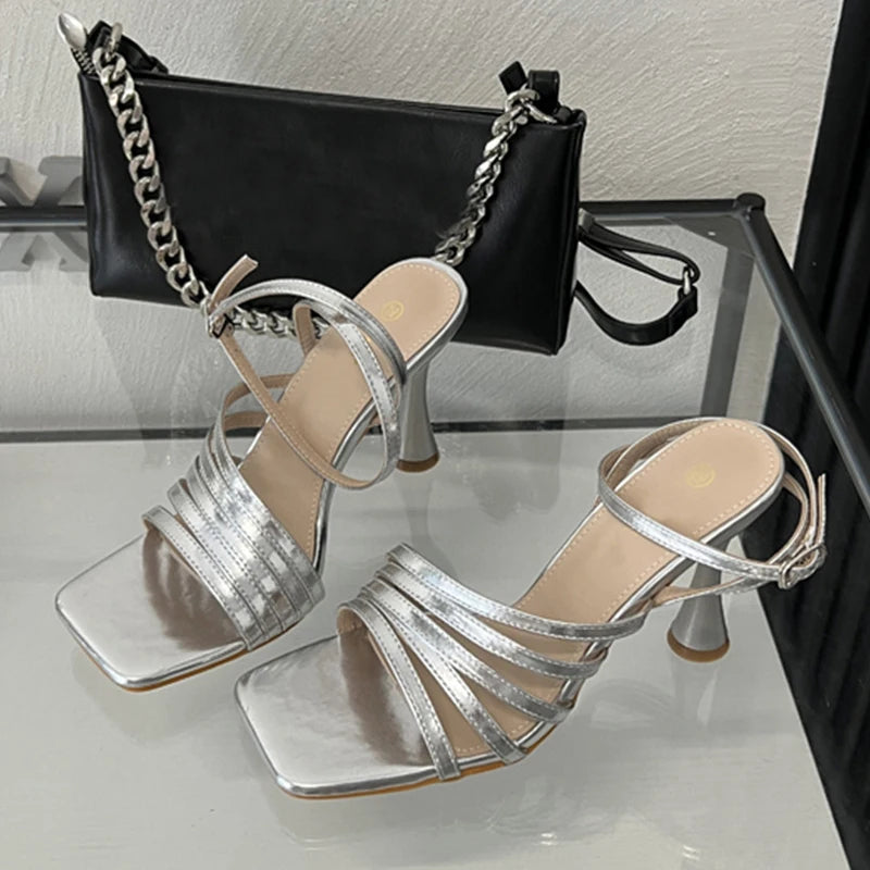 New Summer  Golden Silver Square Toe Sandals Women