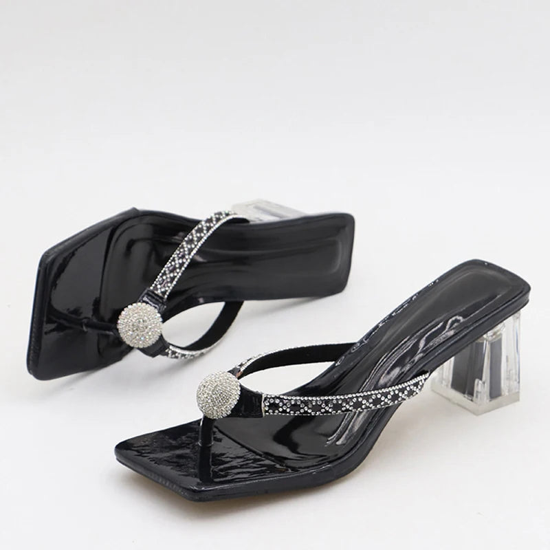 Fashion Glitter Rhinestones Women Transparent Low Heels Slippers Crystal Strap Sandals