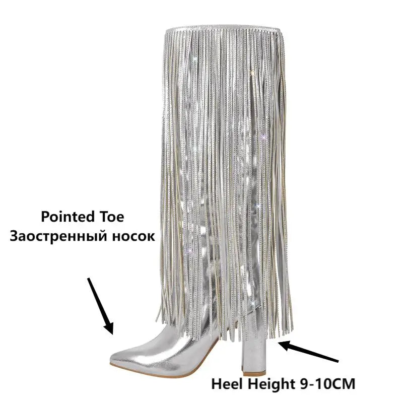 Pointed Toe Sliver Fringe Western Cowboy Boots Cowgirl Block High Heel